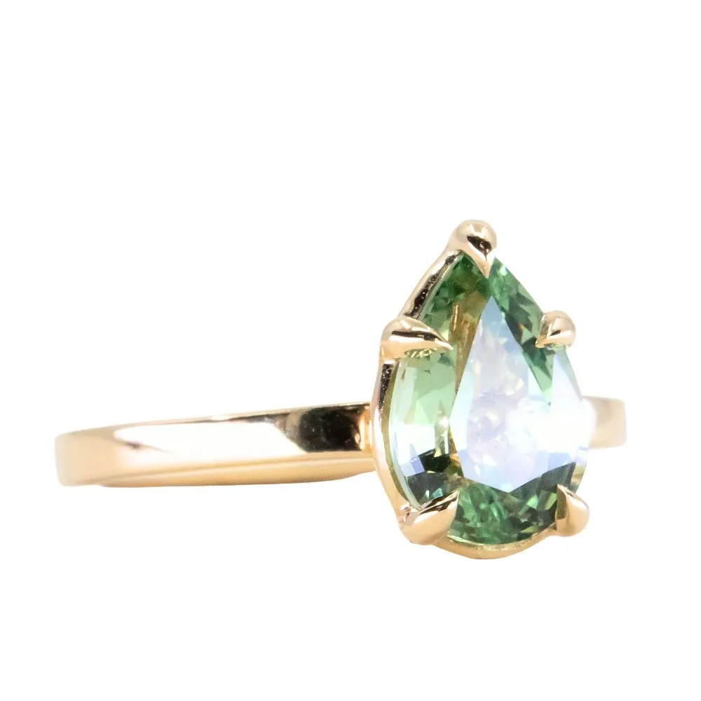 2.63ct Seafoam Pear Montana Sapphire Flat Band 5 Prong Solitaire in 18k Yellow Gold