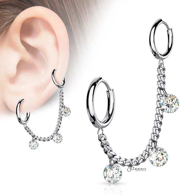 3 CZ Dangle 316L Surgical Steel Chain Linked Ear Huggie Hoops - Silver