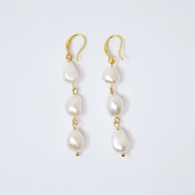 3 Freshwater Cultured pearl Bezel Hook Earrings, Long Bridal Jewelry, Gold Pearl Bridal Earrings, Statement Earrings.