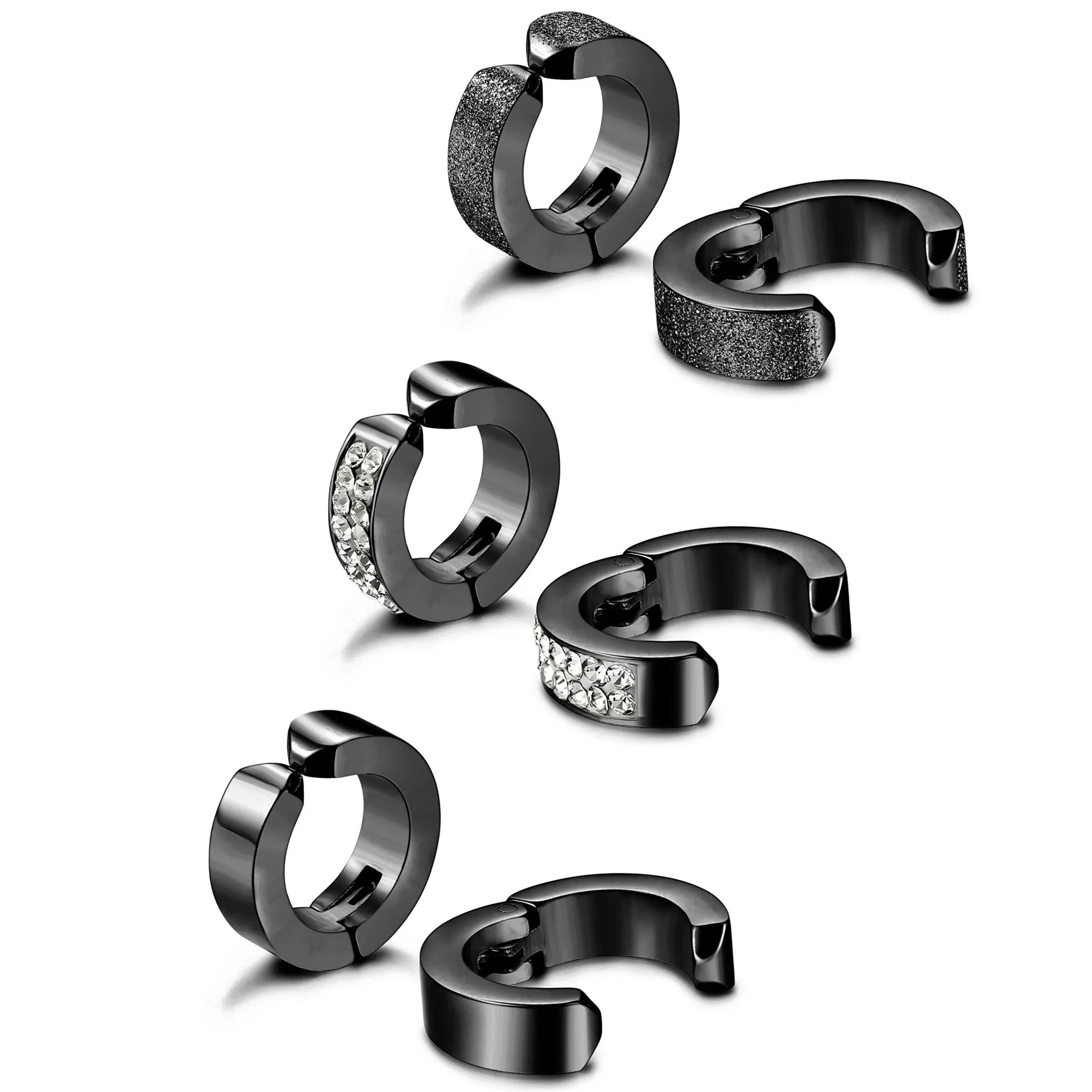 3 Pairs Stainless Steel Men Women Hoop Earrings Clip On CZ Non-Piercing