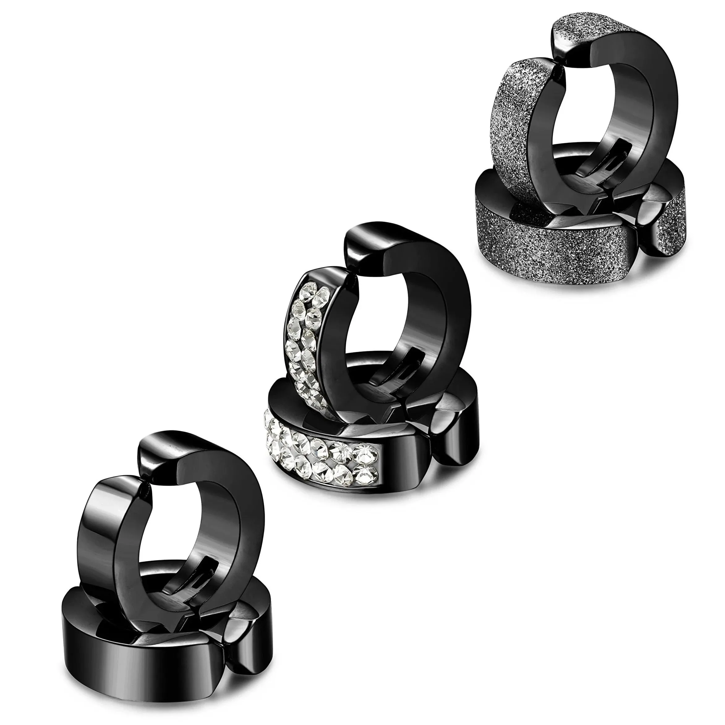 3 Pairs Stainless Steel Men Women Hoop Earrings Clip On CZ Non-Piercing