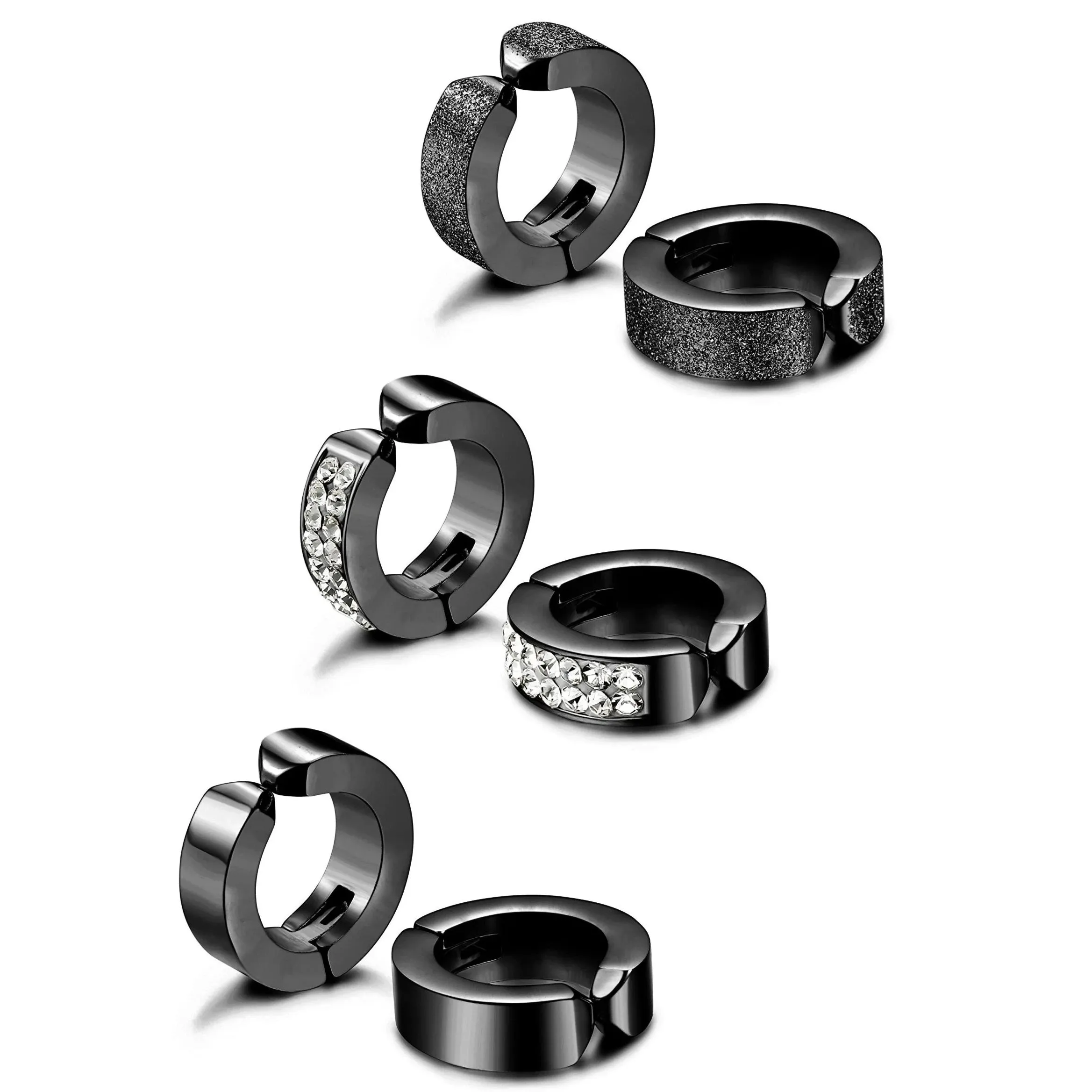 3 Pairs Stainless Steel Men Women Hoop Earrings Clip On CZ Non-Piercing