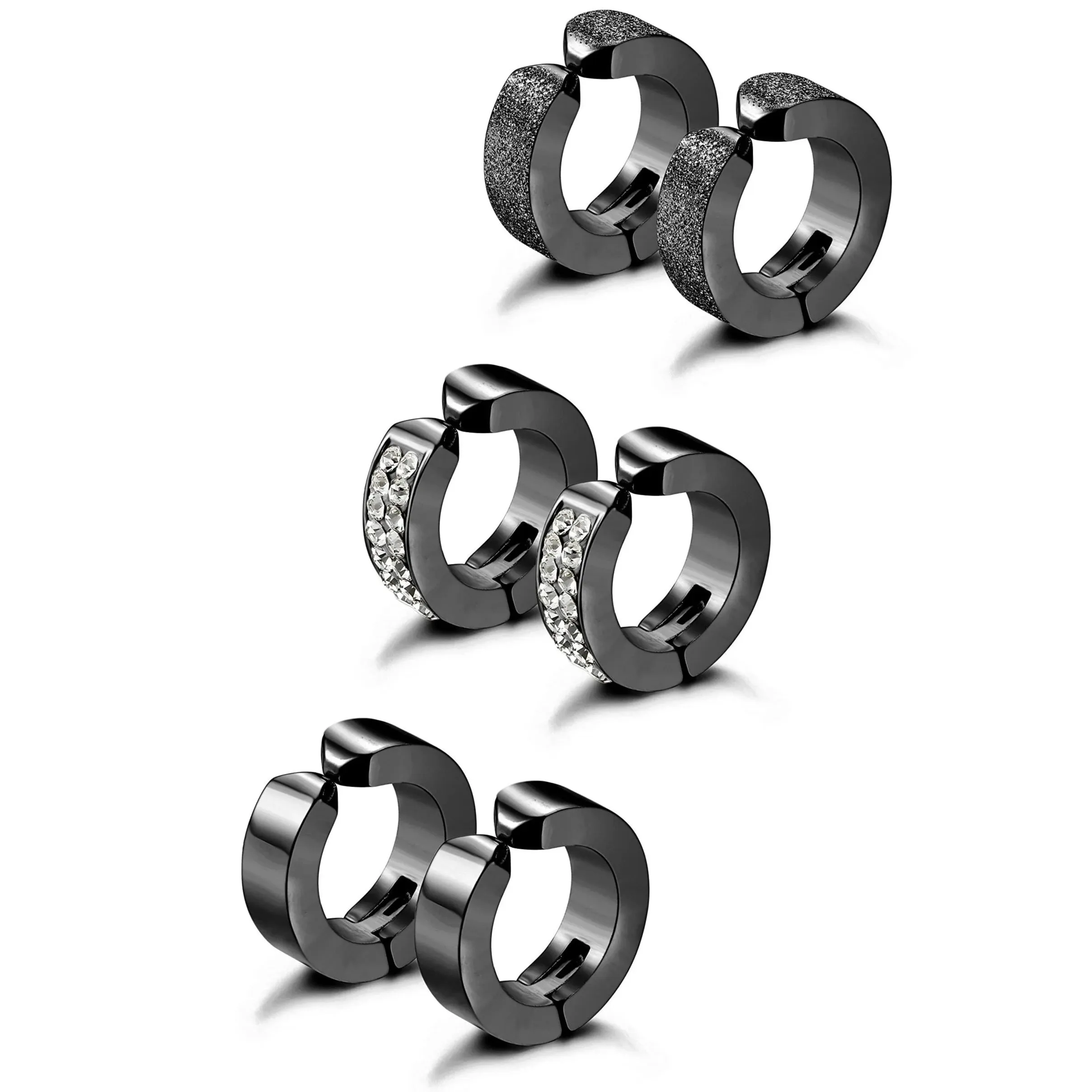 3 Pairs Stainless Steel Men Women Hoop Earrings Clip On CZ Non-Piercing