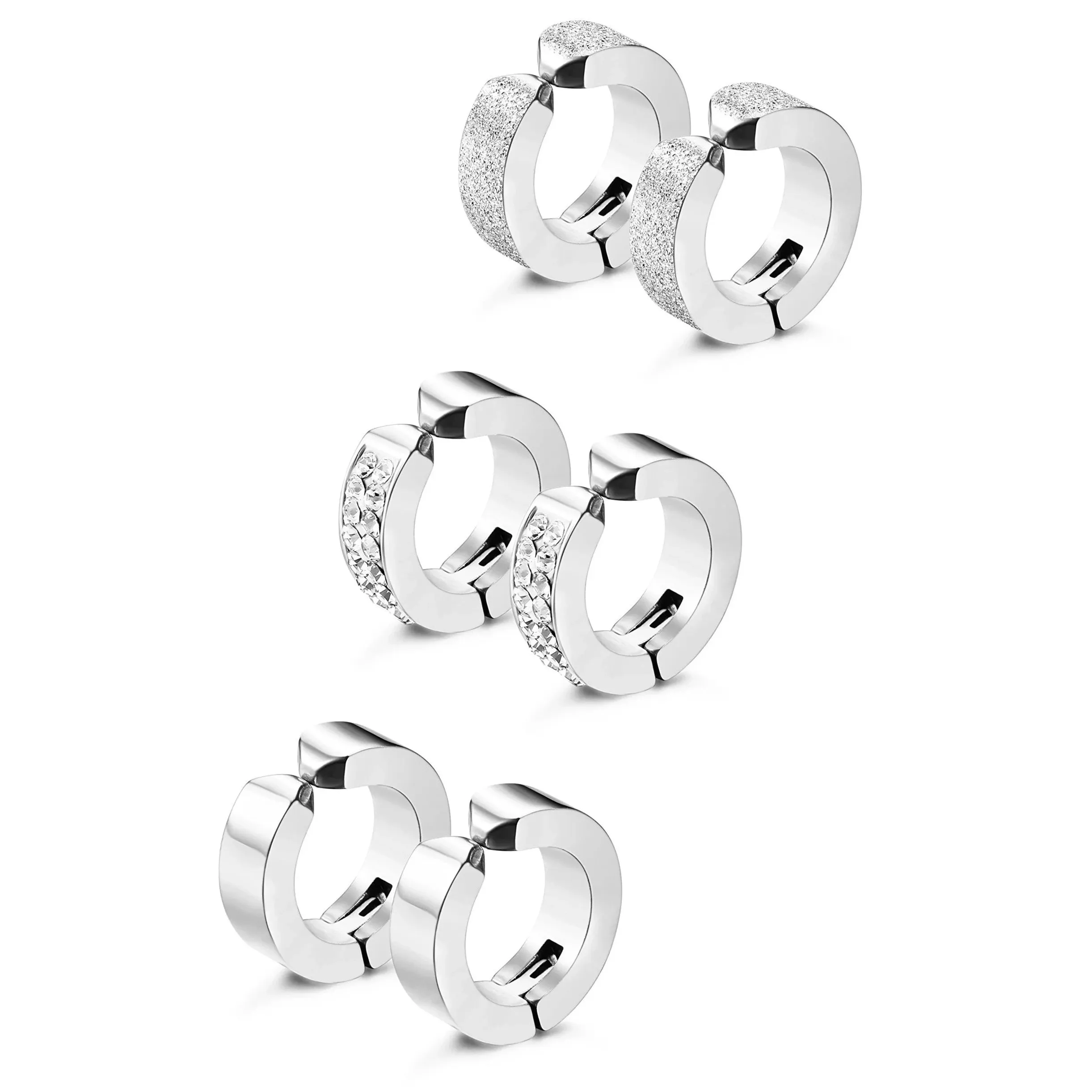 3 Pairs Stainless Steel Men Women Hoop Earrings Clip On CZ Non-Piercing