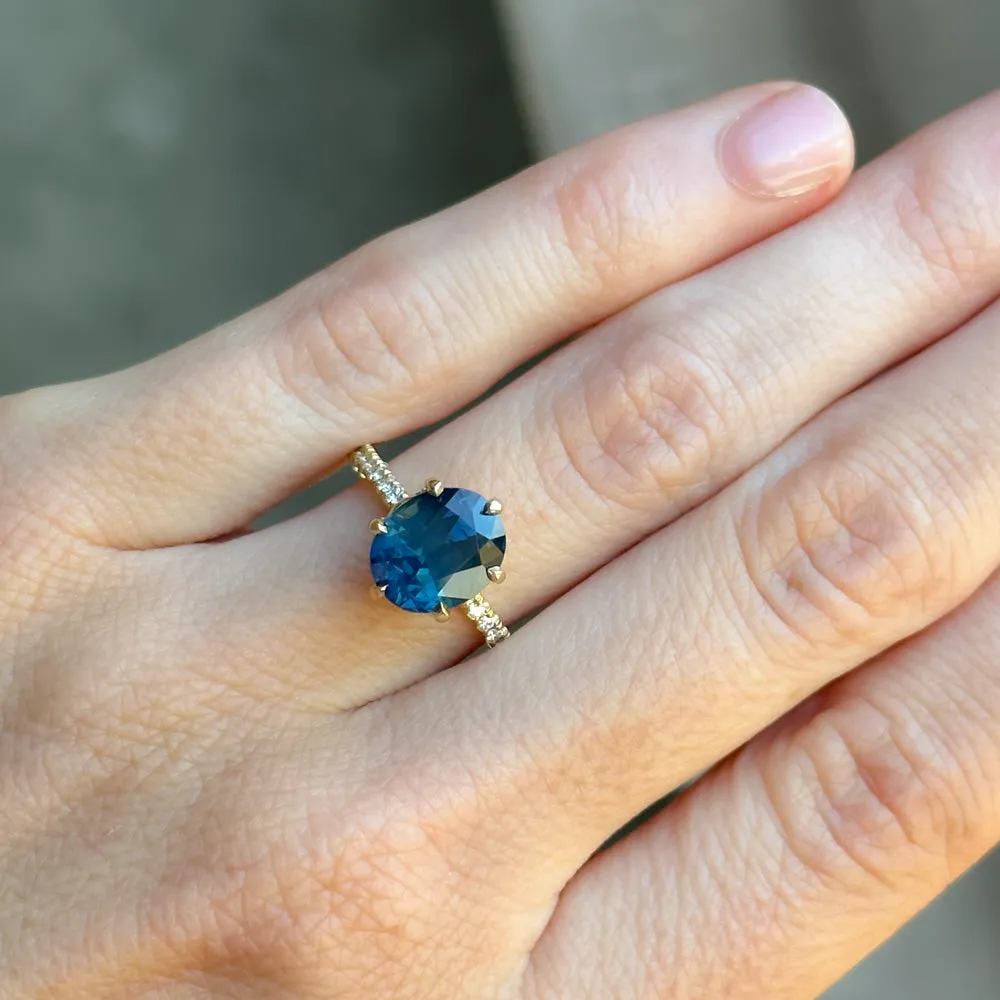 4.02ct Oval Blue Madagascar Sapphire Lotus Six Prong Solitaire with Diamonds in 14k Yellow Gold