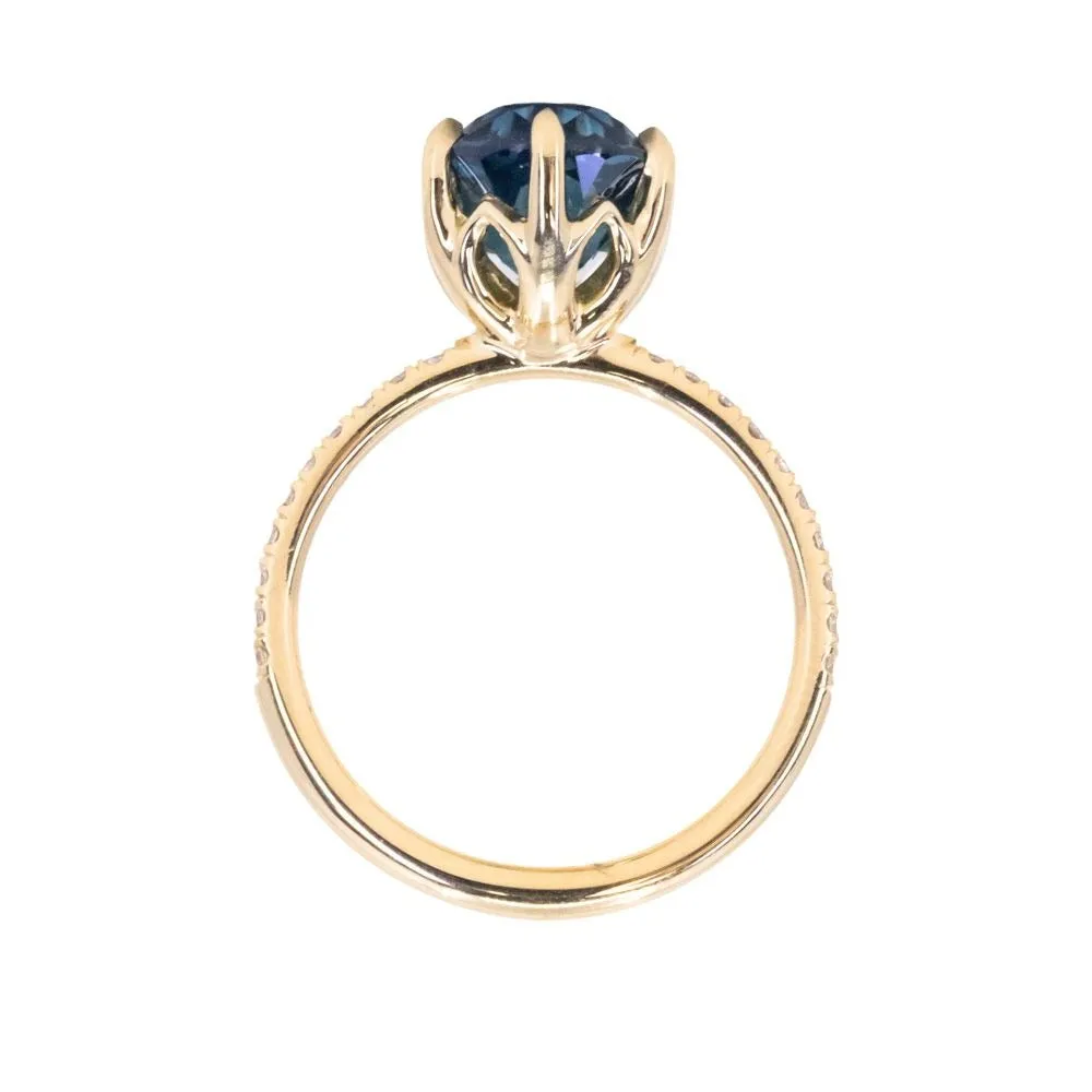 4.02ct Oval Blue Madagascar Sapphire Lotus Six Prong Solitaire with Diamonds in 14k Yellow Gold