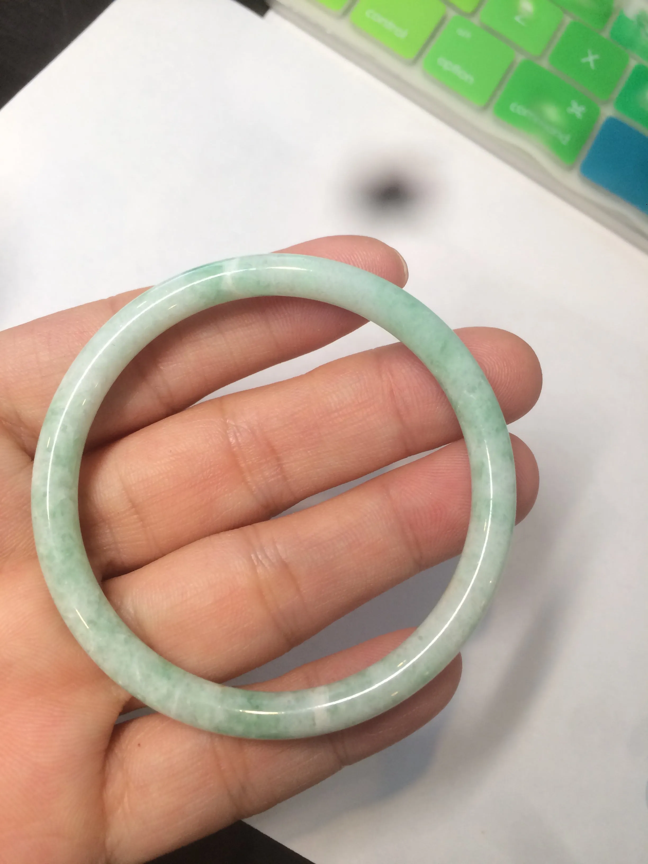 49.7mm Certified Type A 100% Natural sunny green/red slim Jadeite Jade bangle AQ22-0186