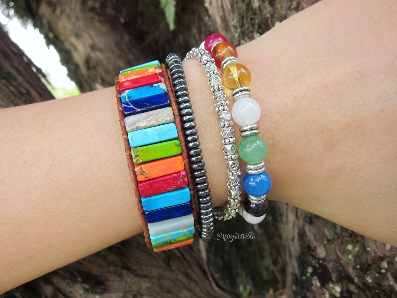 7 Chakra Rainbow Tubestone Leather Wrap Bracelet - Unisex