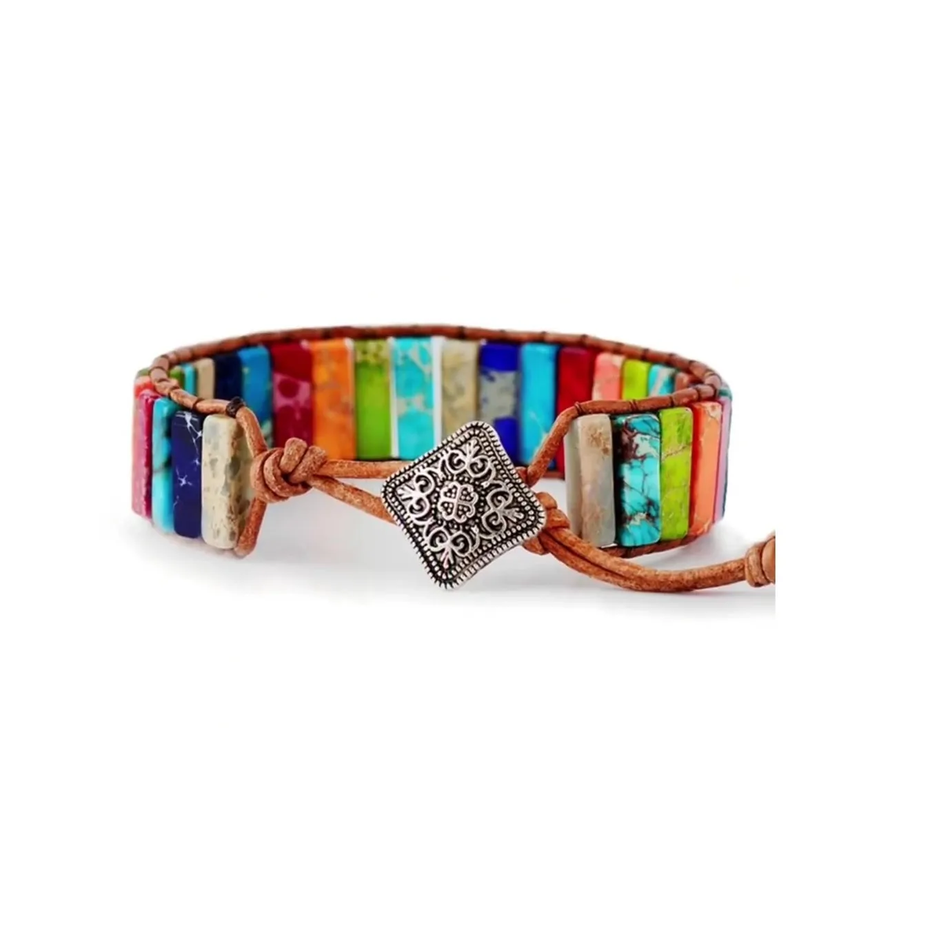 7 Chakra Rainbow Tubestone Leather Wrap Bracelet - Unisex