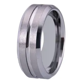 8mm Beveled and Grooved Matte Silver Tungsten Wedding Ring