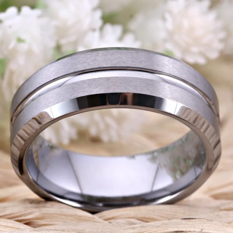 8mm Beveled and Grooved Matte Silver Tungsten Wedding Ring