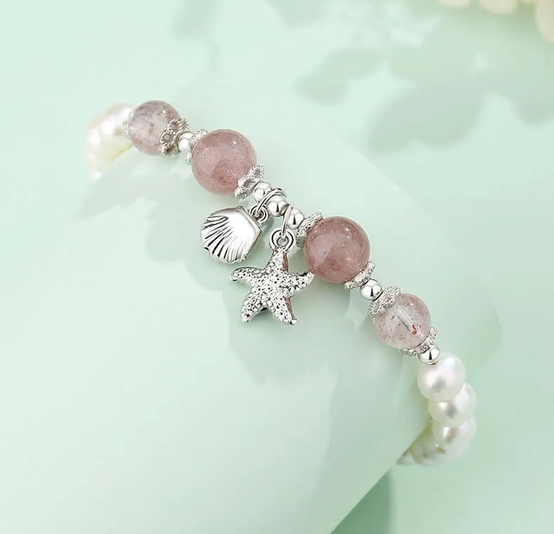 925 Silver Pearl Strawberry Crystal Starfish Shell Bracelet