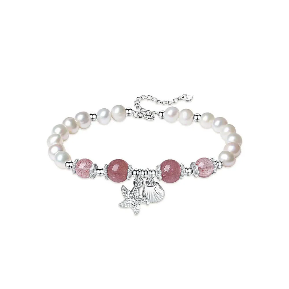 925 Silver Pearl Strawberry Crystal Starfish Shell Bracelet