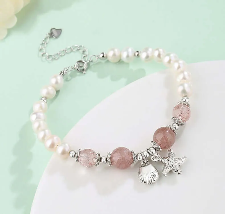 925 Silver Pearl Strawberry Crystal Starfish Shell Bracelet