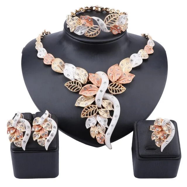 African Crystal and Leaves Necklace, Bracelet, Earrings & Ring Wedding Statement Jewelry Set