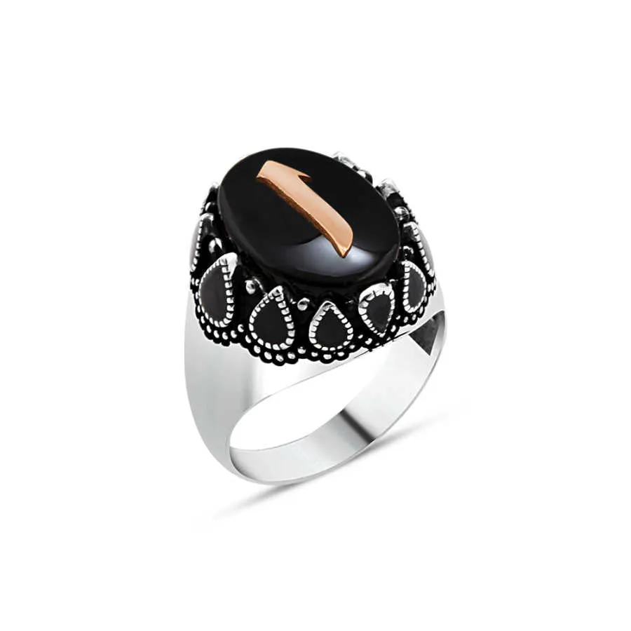 Alif Letter on Black Ellipse Onyx Stone Silver Men's Ring with Teardrops Around