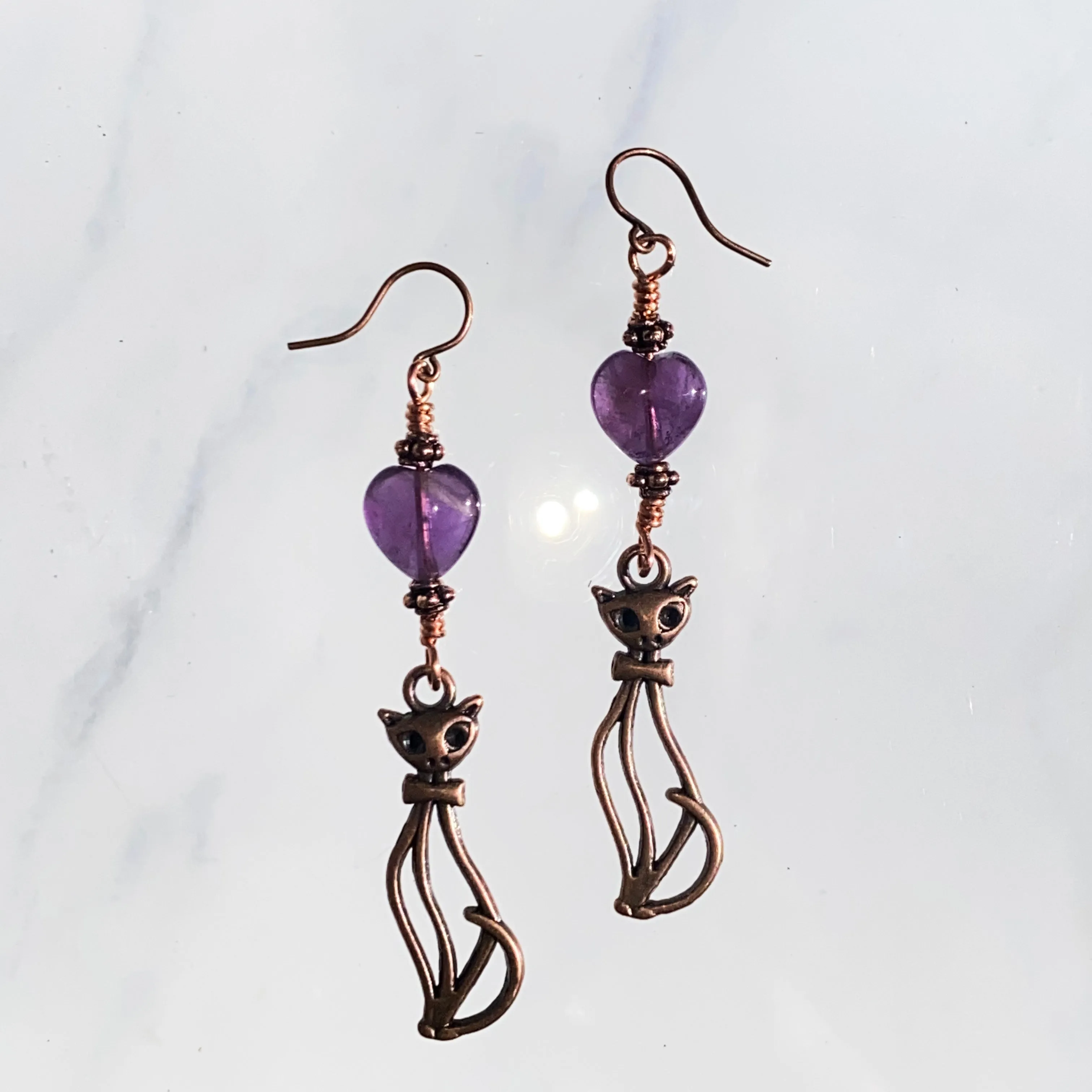 Amethyst gemstone Heart and Copper Kitty Drop Earrings