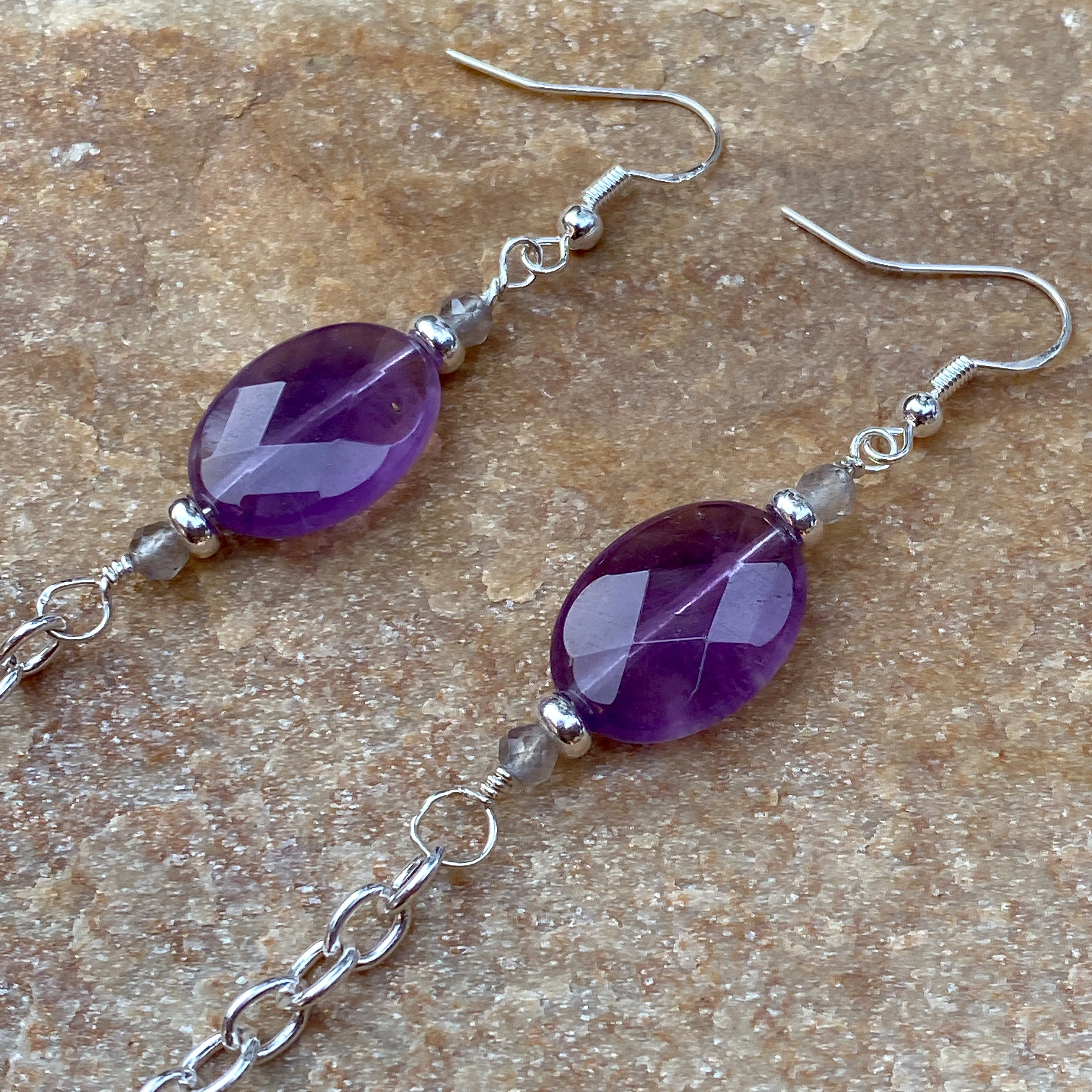 Amethyst, Labradorite gemstone, and Sterling Silver Wing Drop Earrings