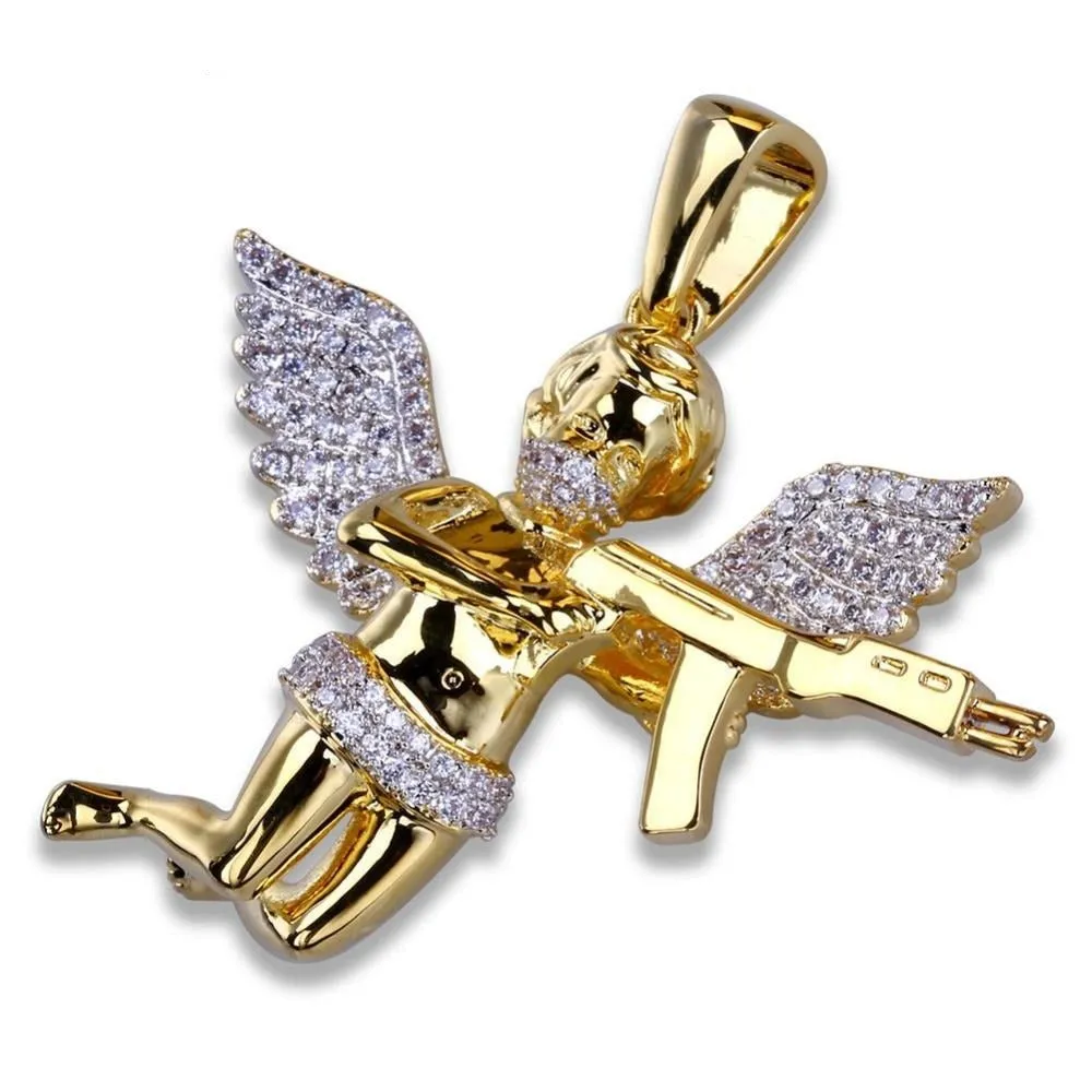 Angel Micro Paved Cubic Zirconia Gold-Plated Stainless Steel Hip-Hop Pendant Necklace