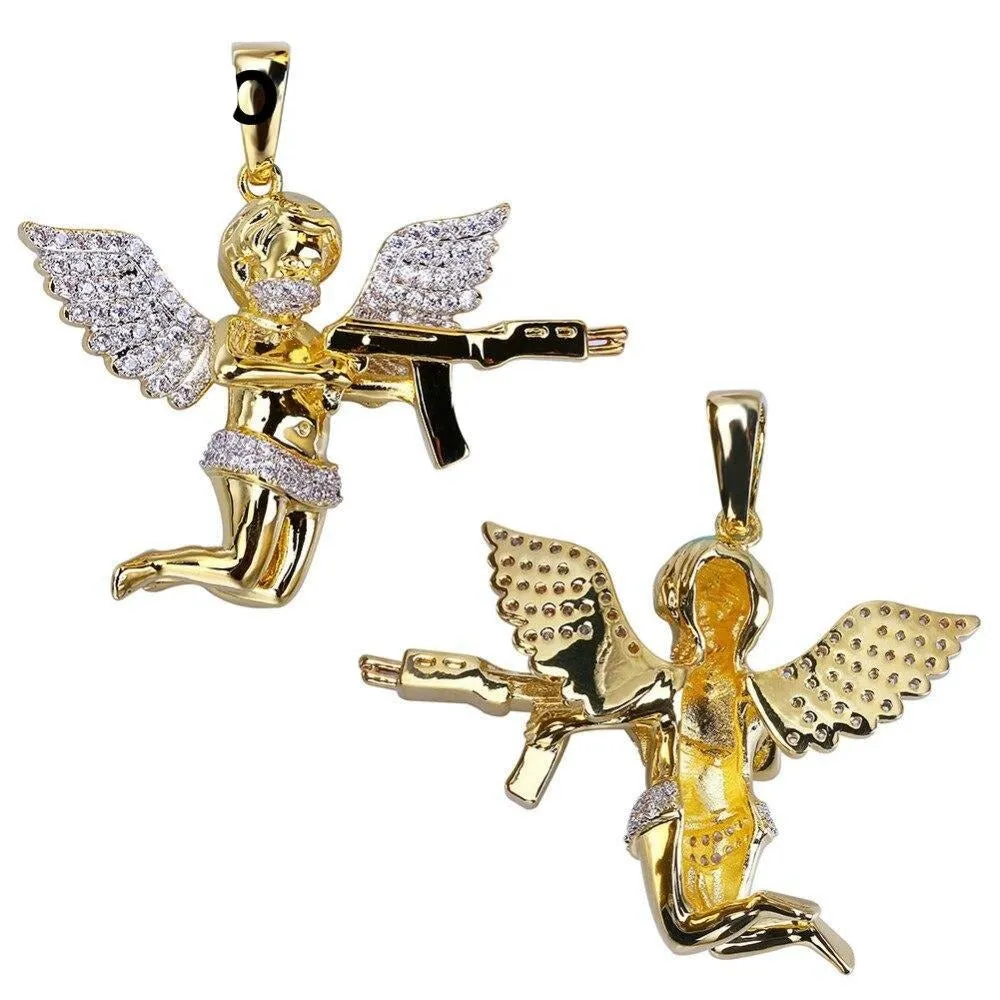 Angel Micro Paved Cubic Zirconia Gold-Plated Stainless Steel Hip-Hop Pendant Necklace