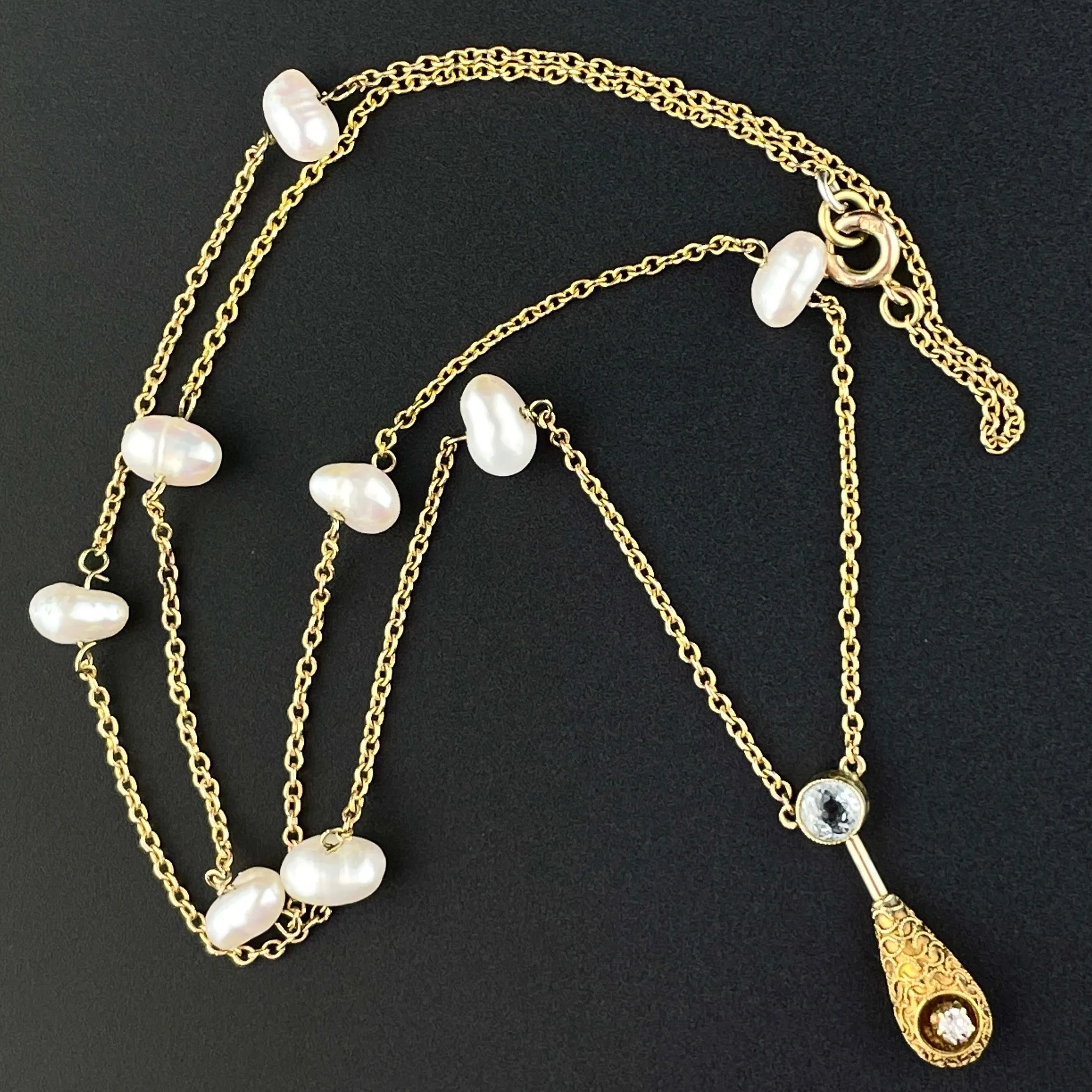 Antique Gold Topaz Diamond Pearl Pendant Necklace