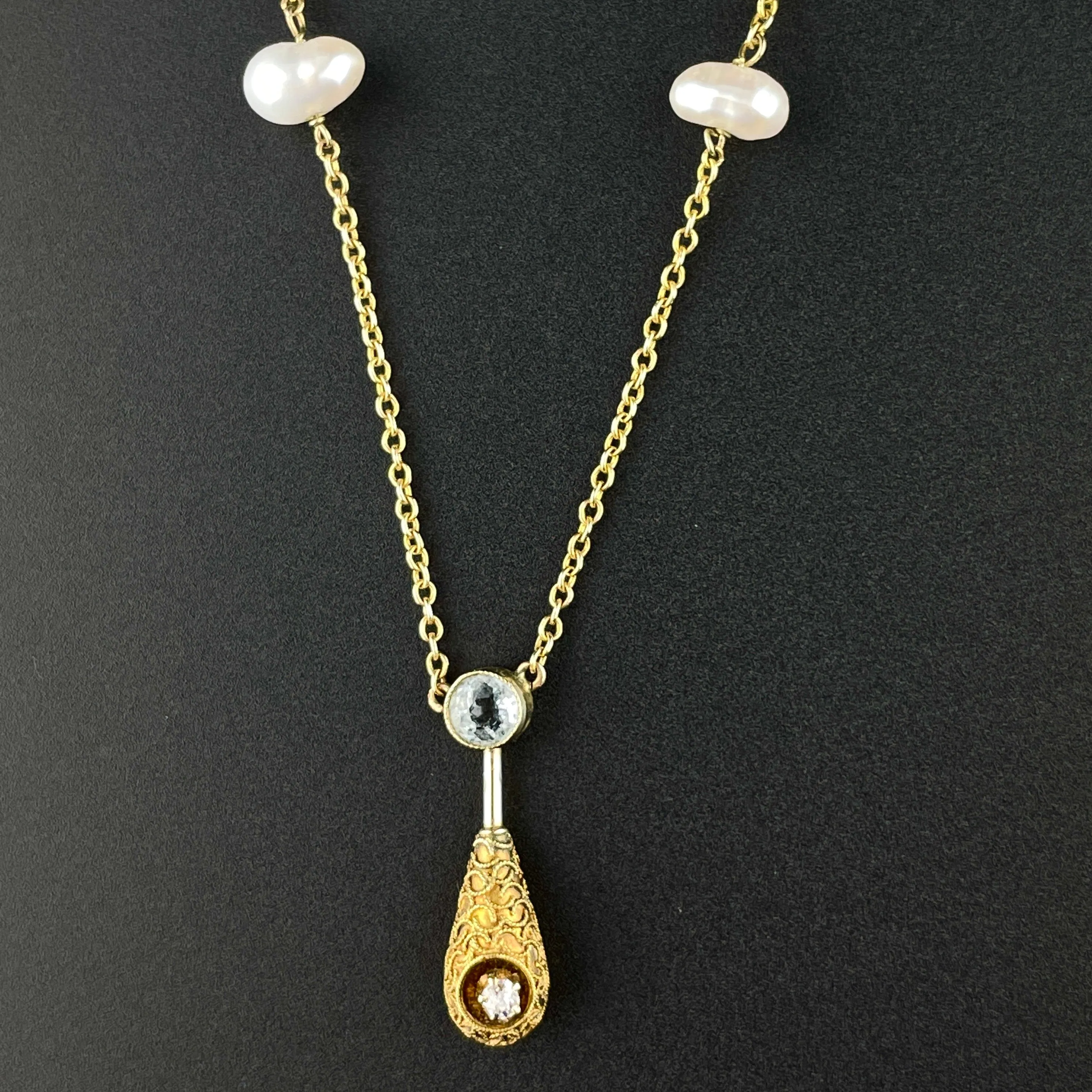 Antique Gold Topaz Diamond Pearl Pendant Necklace