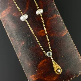 Antique Gold Topaz Diamond Pearl Pendant Necklace