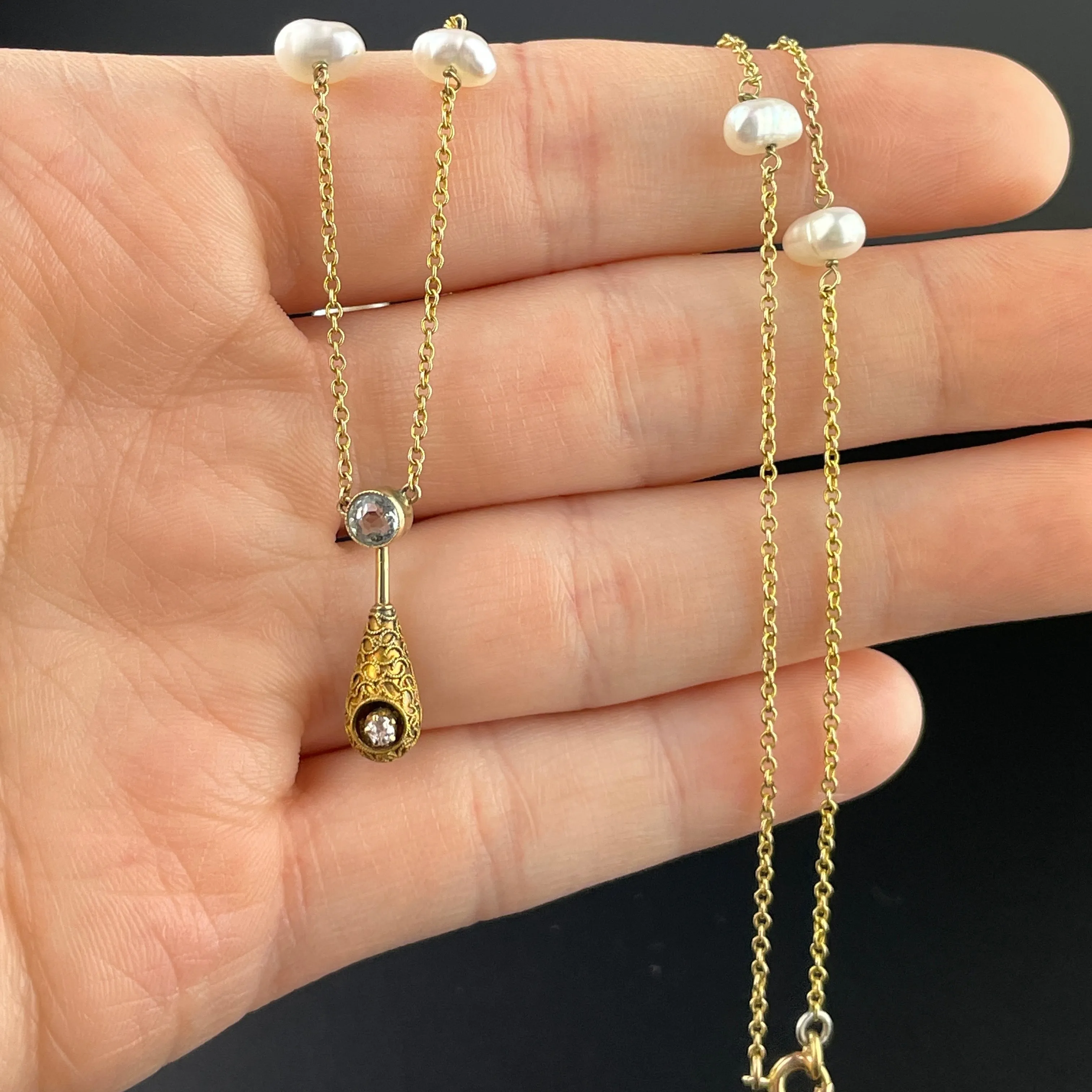 Antique Gold Topaz Diamond Pearl Pendant Necklace