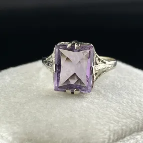 Art Deco 14K White Gold Amethyst Ring, Sz 6.5