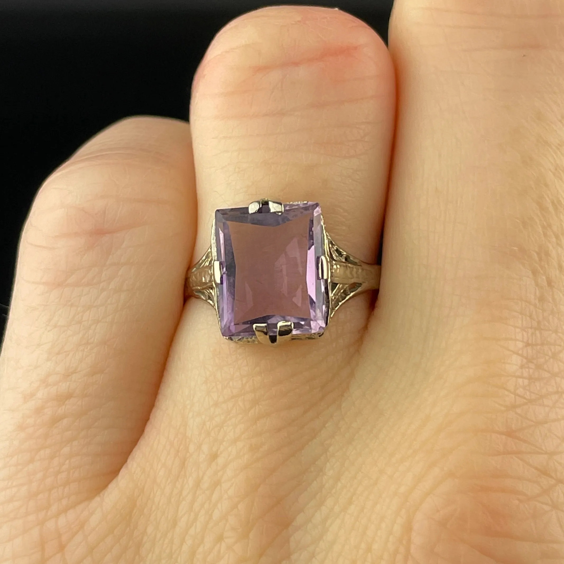 Art Deco 14K White Gold Amethyst Ring, Sz 6.5