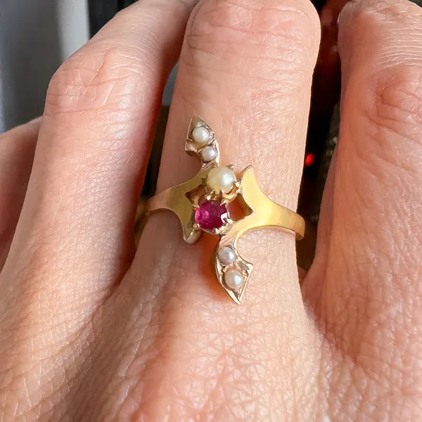 Art Nouveau Ruby, Diamond & Pearl Ring