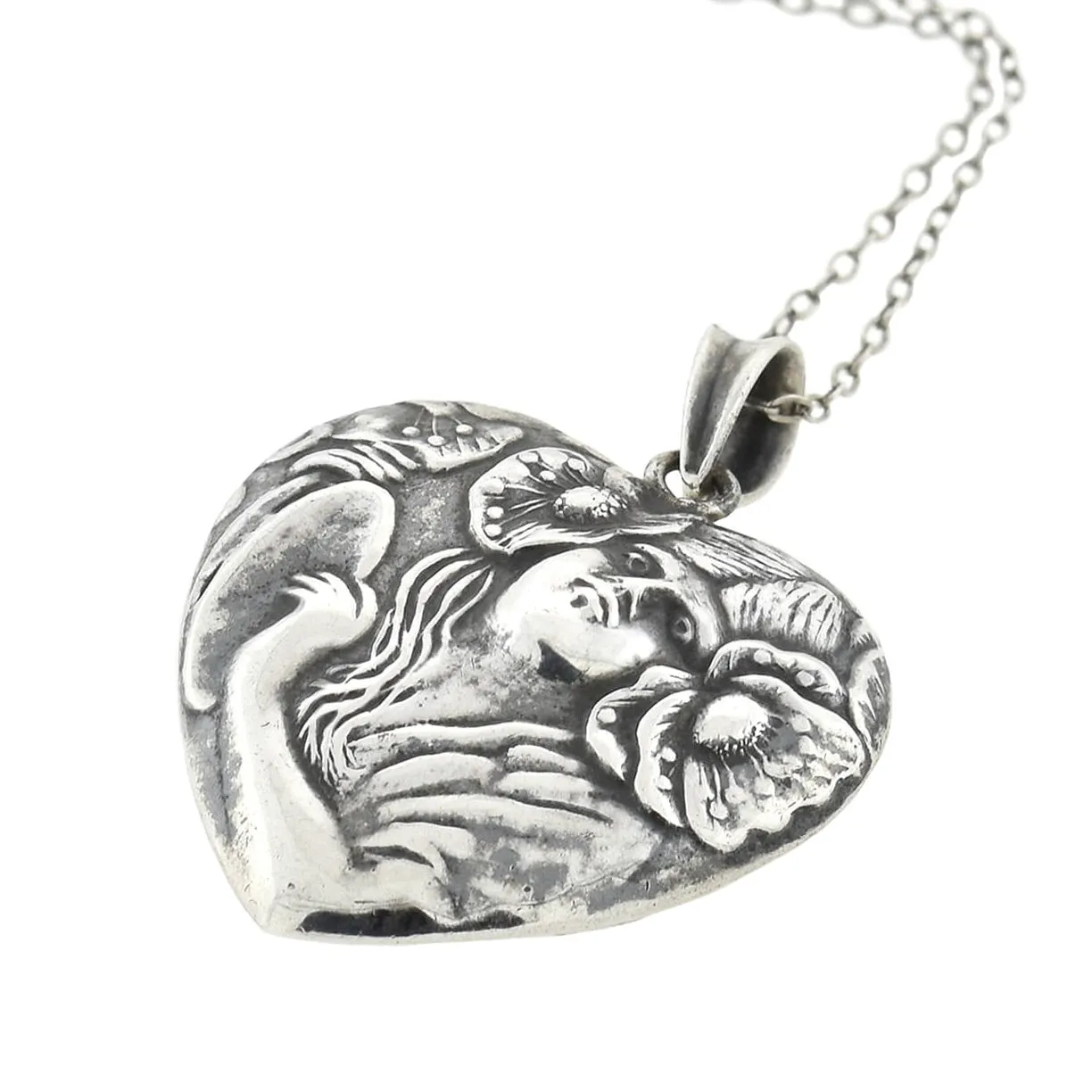 Art Nouveau Sterling Repousse Heart-Shaped Pendant Necklace