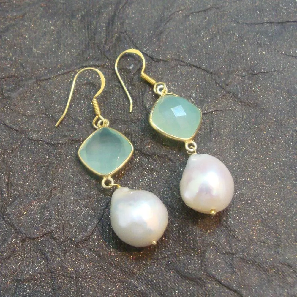 Beautiful Pearl & Aqua Chalcedony 925 Sterling Silver With Gold Plated Necklace With Earrings