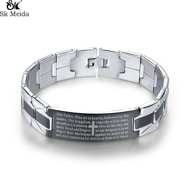 Black and Stainless-Steel Cross Bible Verse Religious Link Bracelet