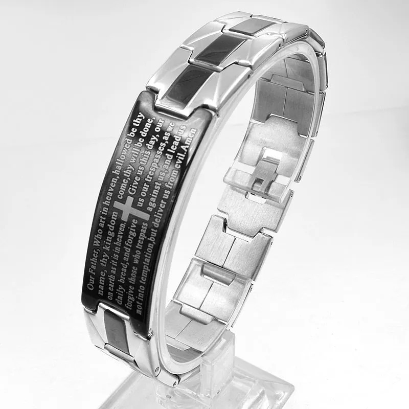 Black and Stainless-Steel Cross Bible Verse Religious Link Bracelet