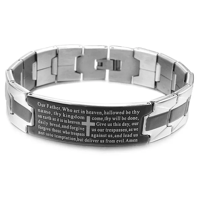 Black and Stainless-Steel Cross Bible Verse Religious Link Bracelet