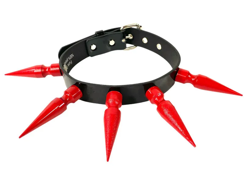 Black Leather Collar w/ Long Red Spikes