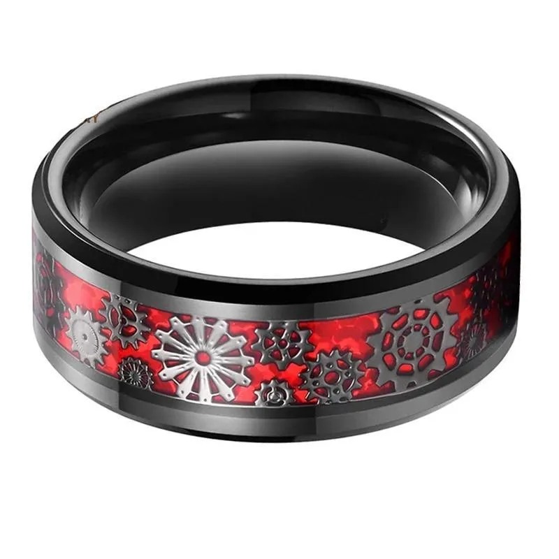 Black Tungsten Carbide in Red Inlay with Gear Design Wedding Band