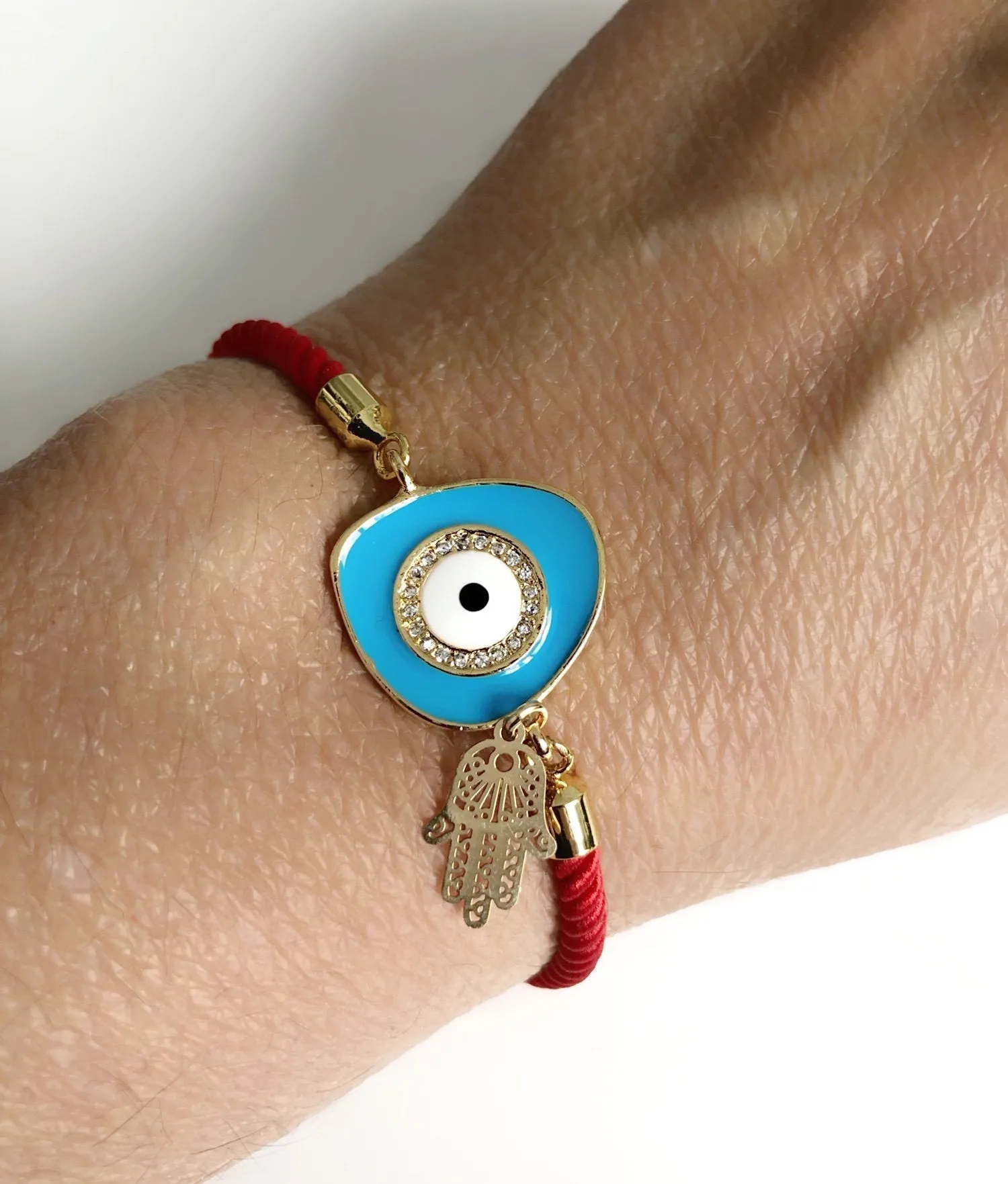 Blue Evil Eye & Gold Hamsa Charm Bracelet