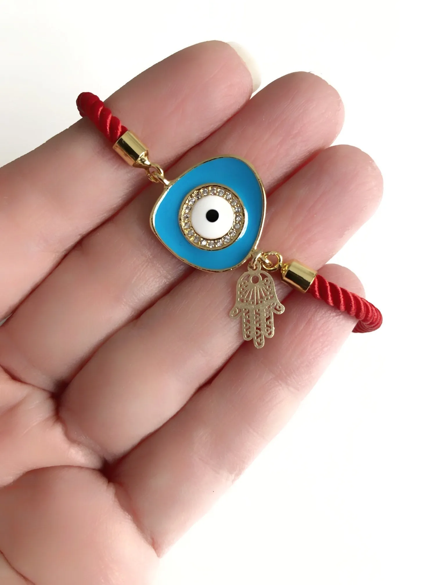 Blue Evil Eye & Gold Hamsa Charm Bracelet