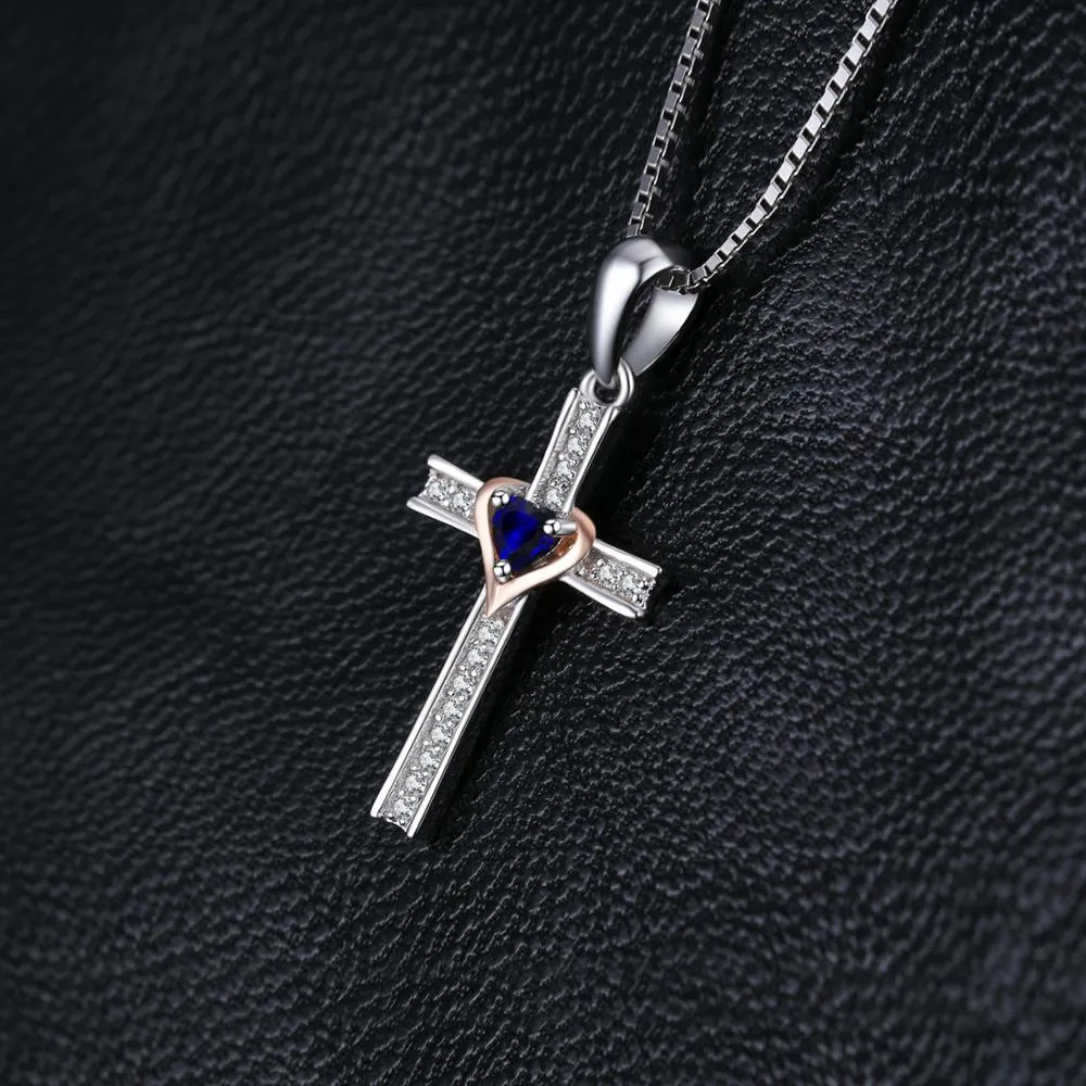 Blue Sapphire Heart Crystal on Silver Cross Pendant and Chain Necklace 925 Sterling Silver