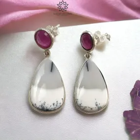 BOTSWANA AGATE & RUBY Gemstone Earrings : 9.09gms Natural 925 Sterling Silver Bi-Color Bezel Set Drop Dangle Push Back Earring 1.6"