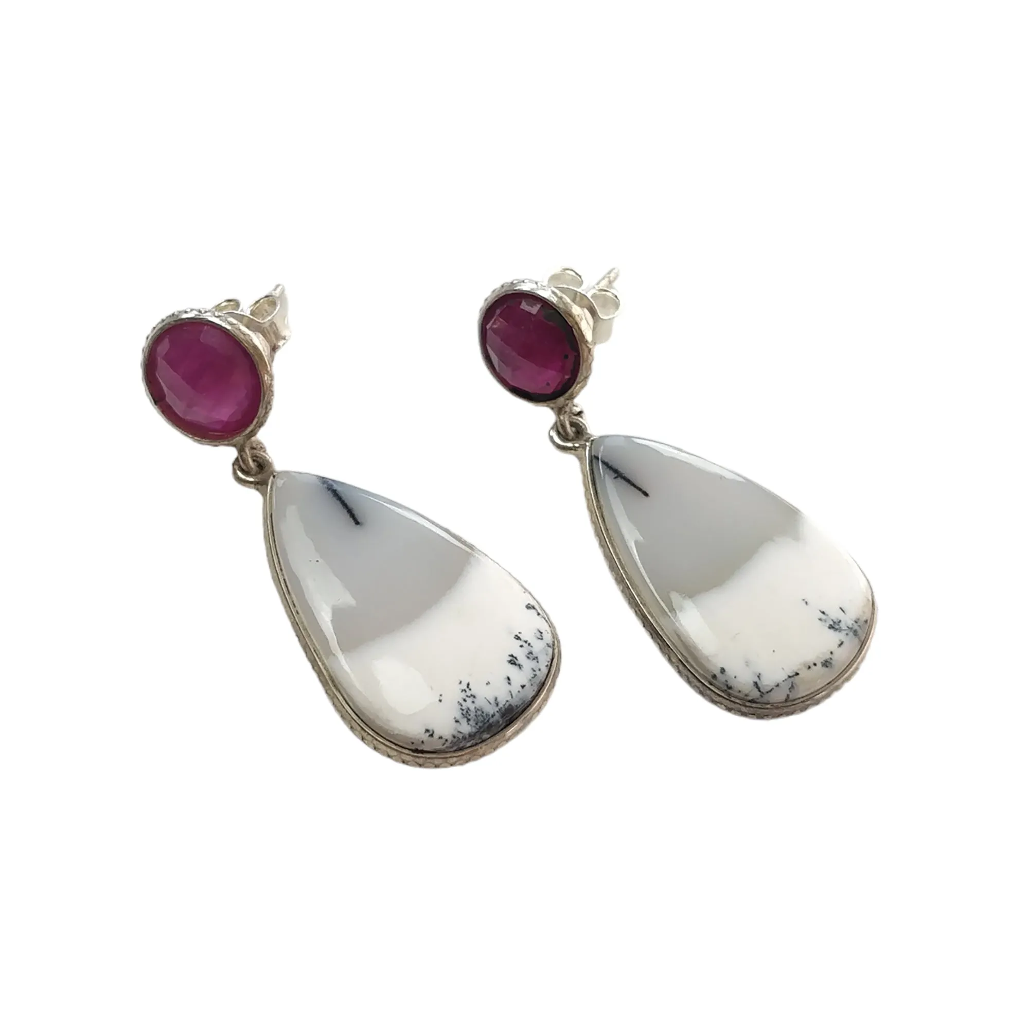 BOTSWANA AGATE & RUBY Gemstone Earrings : 9.09gms Natural 925 Sterling Silver Bi-Color Bezel Set Drop Dangle Push Back Earring 1.6"