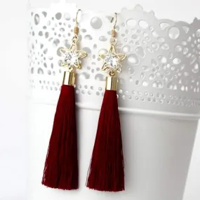 Burgundy Tassel Earrings with Gold Star and Crystal