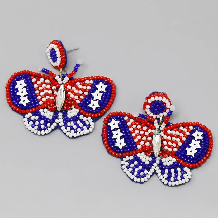 Butterfly American Flag Seed Beaded Earrings