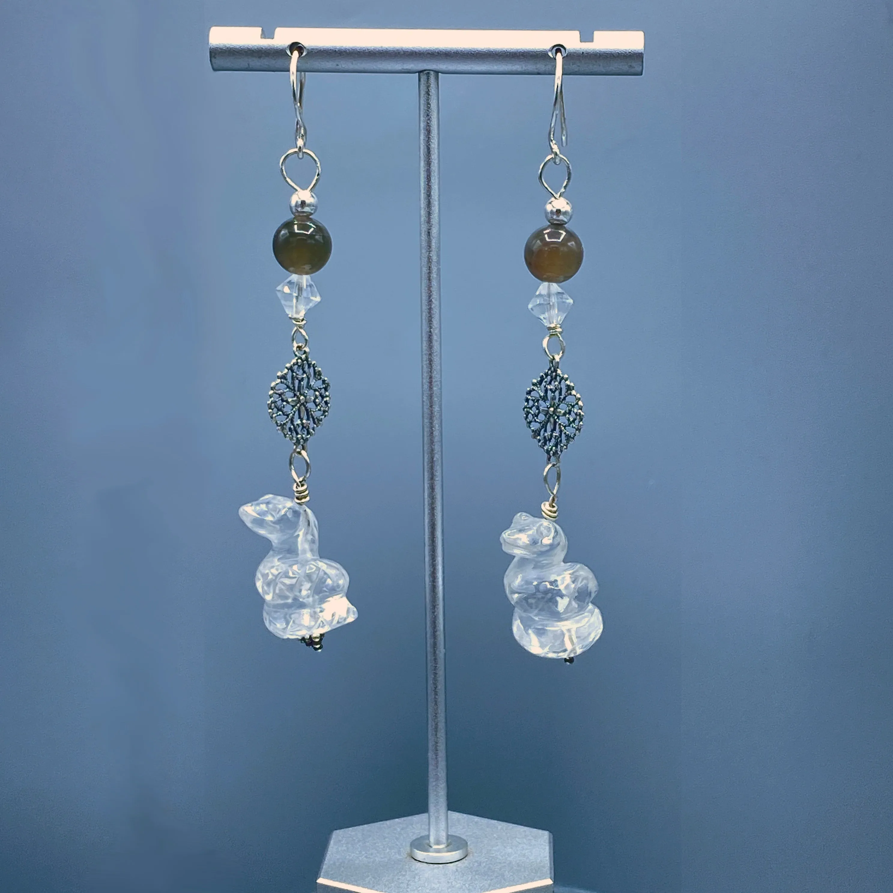 Clear Quartz Snake, Silver Moonstones, Sterling Silver Drop Earrings