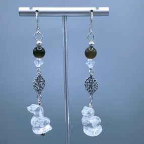 Clear Quartz Snake, Silver Moonstones, Sterling Silver Drop Earrings