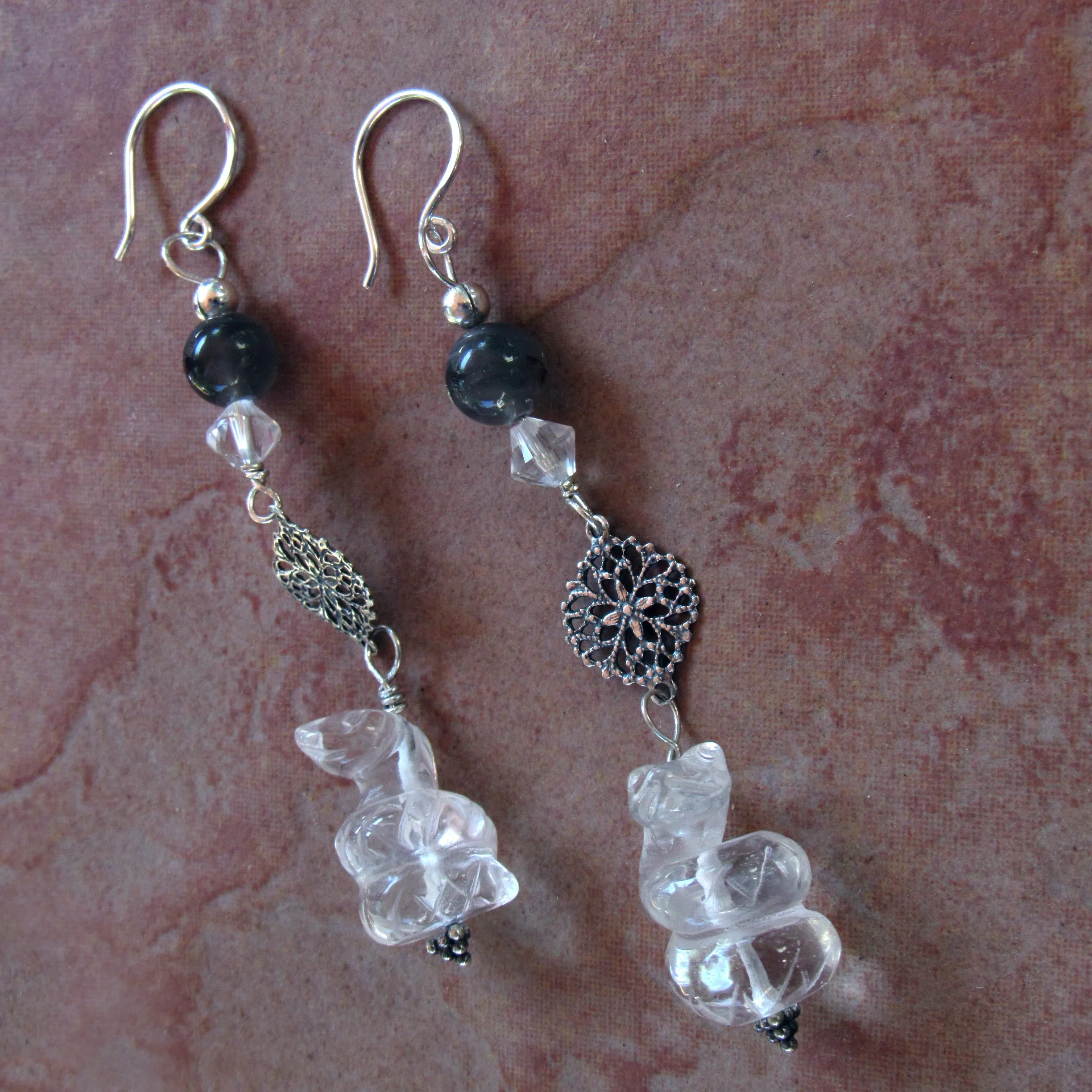 Clear Quartz Snake, Silver Moonstones, Sterling Silver Drop Earrings