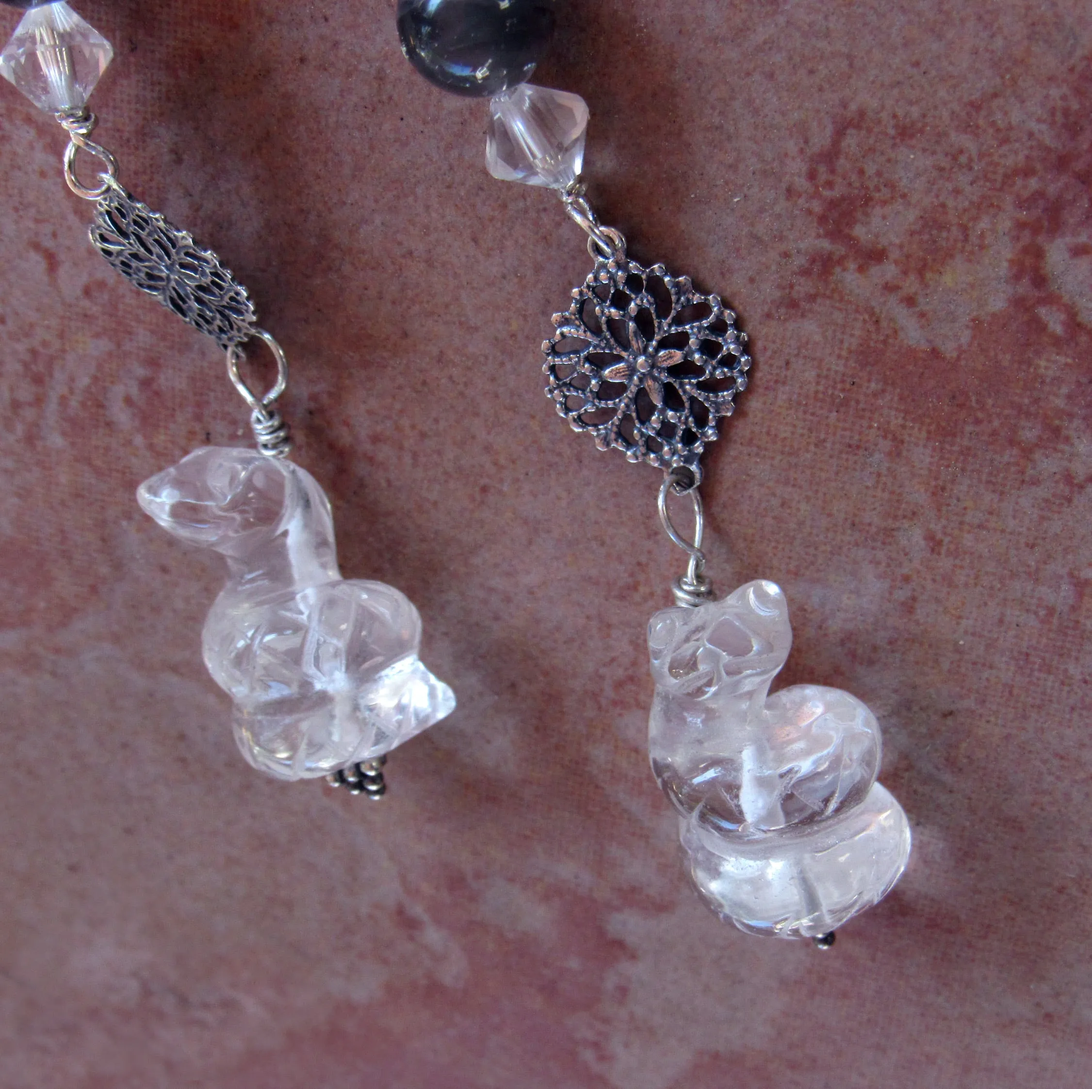 Clear Quartz Snake, Silver Moonstones, Sterling Silver Drop Earrings