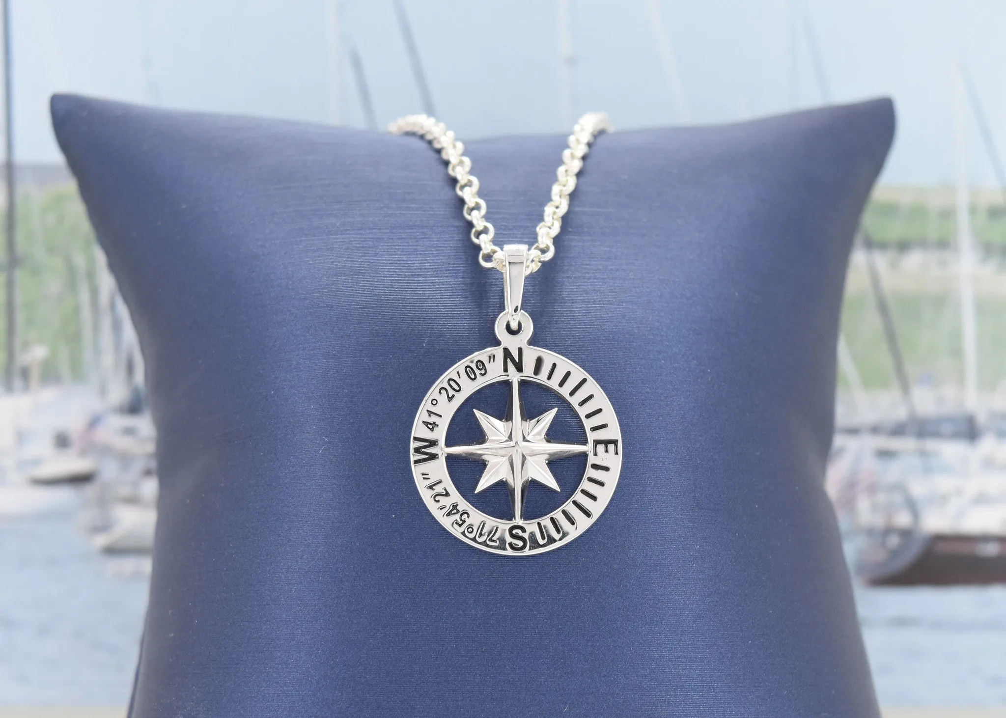 Compass Rose Custom Coordinates 3/4 Sterling Silver Pendant